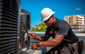 Rooftop air conditioner inspection for safety, power supply or maintenance.