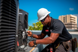 Rooftop air conditioner inspection for safety, power supply or maintenance.